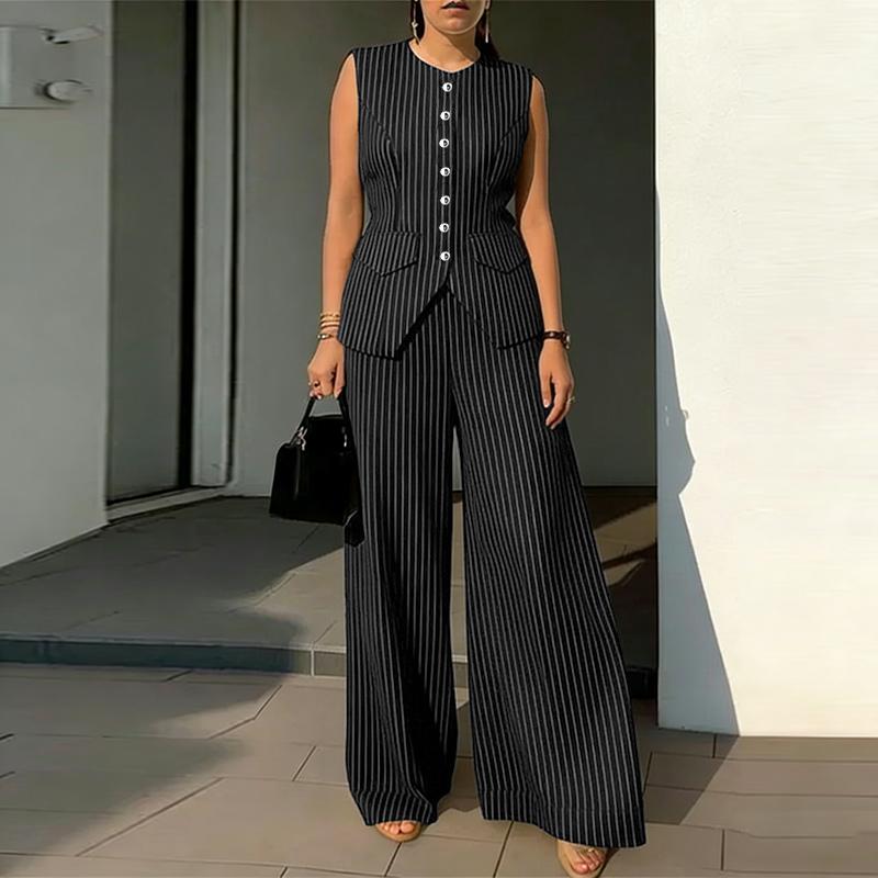 ZANZEA Women Sleeveless Vest Tops and Pants Stripe Print Two Piece Suit Sets S чёрный