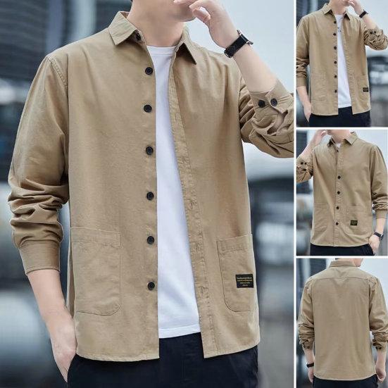 Men Autumn Shirt Double Pockets Solid Color Long Sleeves Turn-down Collar Loose Warm Single-breasted Casual Korean Style Autumn Tops for Daily Wear