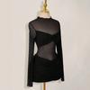 European and American new perspective mesh long-sleeved slim-fit dress popular sexy Spice Girl style black short dress