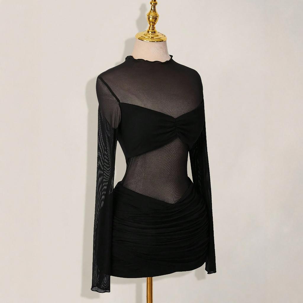 European and American new perspective mesh long-sleeved slim-fit dress popular sexy Spice Girl style black short dress