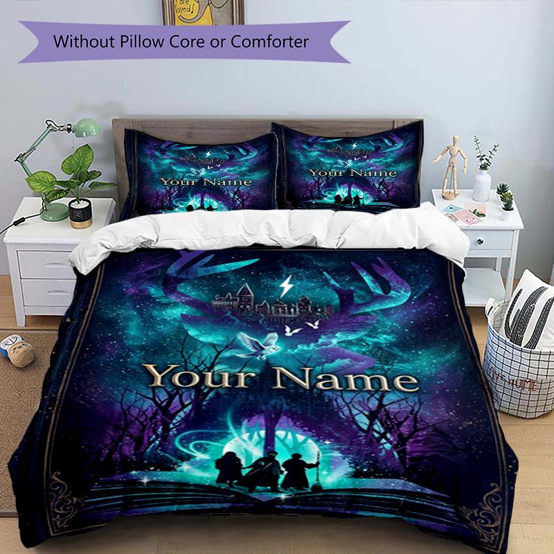 3pcs Custom Name Magic Forest Printed Bedding Set Duvet Cover Closure Includes 1 Duvet Cover & 2 Pillowcases, Soft and Comfortable for All Seasons.