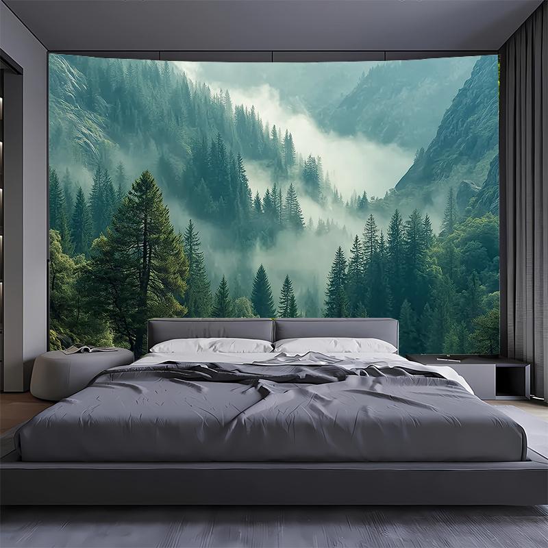 Misty Mountain Forest Landscape Tapestry Serene Nature View Wall Art Pine Trees Foggy Valley Calm Atmosphere Peaceful Retreat