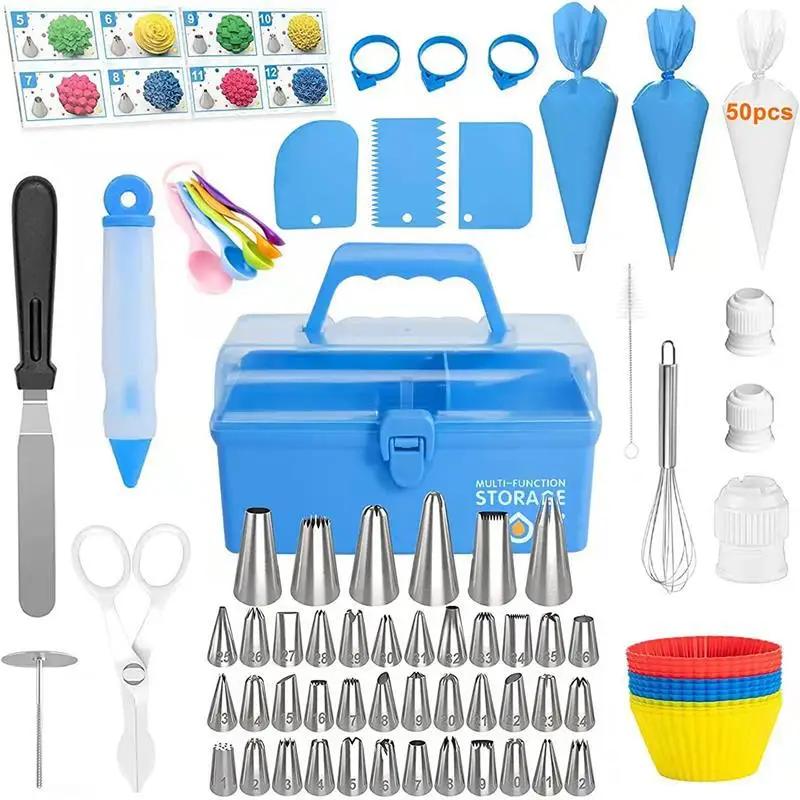 Cake Decorating Mouth Set with Three-Layer Storage, Blue Folding Gift Box, Baking Accessories Tools, 115Pcs
