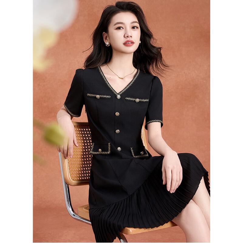 Abito midi plissettato stile francese serie Nero Oro Meilanni