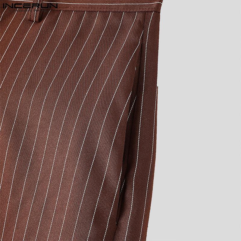 INCERUN Seturi Casual de Pantaloni de Costum pentru Bărbați din Două Piese cu Mânecă Lungă, cu Gât Rotund, cu Dungi și Fante