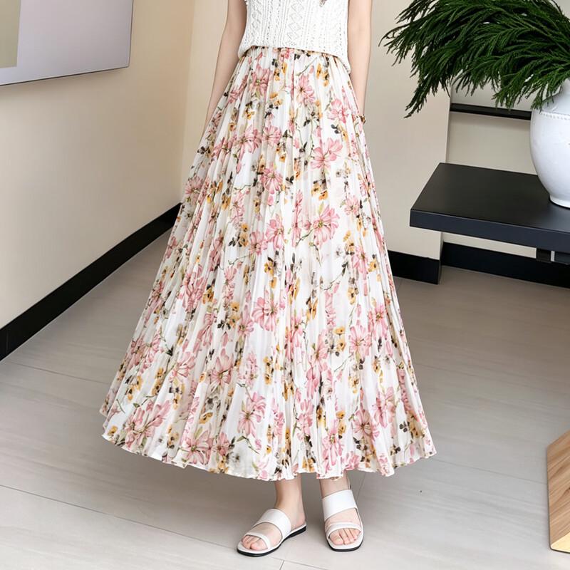 French Sweet Style High-Waist Floral Pleated Skirt L