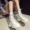 Spring Autumn Black Round Toe Platform Women's Half High Boots Trend  Demi-season New Rock Lace-up Ladies Mid Calf Shoes