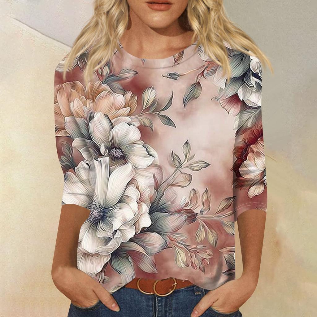 Women's Fashion Casual Round Neck Three Quarter Sleeve Printed T-Shirt Top