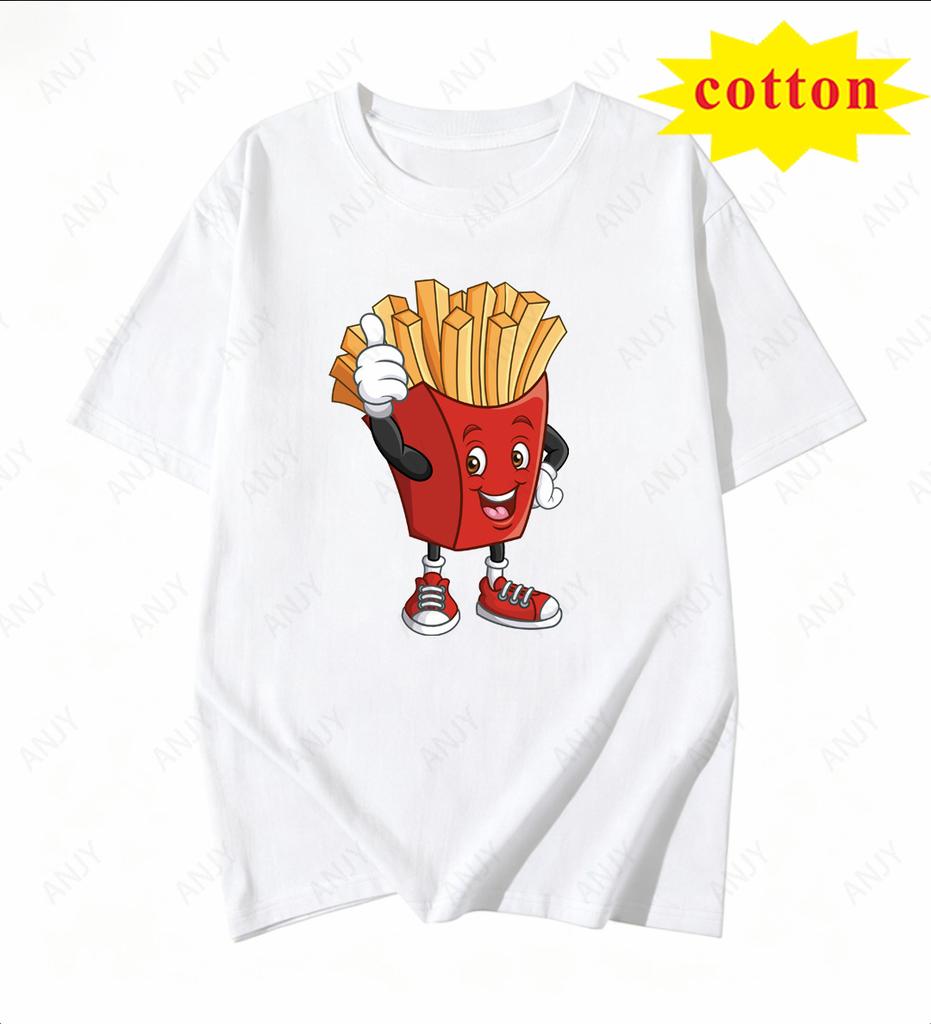 Trendy And Cool Listening To Music Burger Pattern Tshirt European And American Street Style Unisex Round Neck Short Sleeve Top