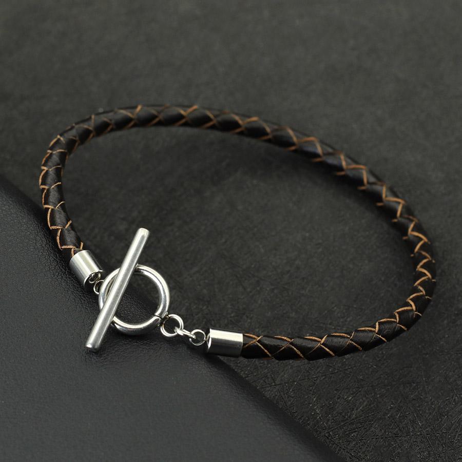 

Fashion Mens Genuine Leather Bracelet Stainless Steel OT Buckle Bangle 4mm Thin Braided Pulsera De Cuero Red Wrap Braslet Joias коричневий