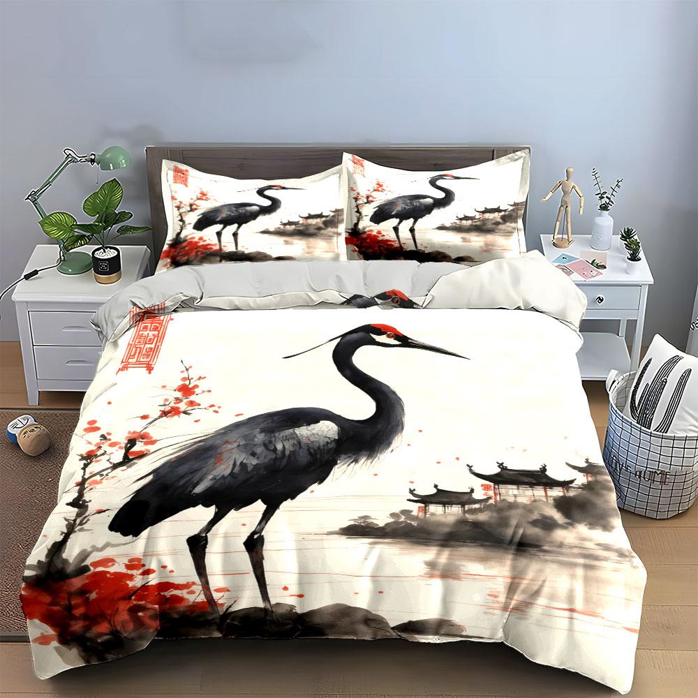 Chinese Ink Style Crane Decor Soft Comfortable Duvet Cover Bedding Set Included 1*Duvet Cover & 2*Pillowcases, Gift