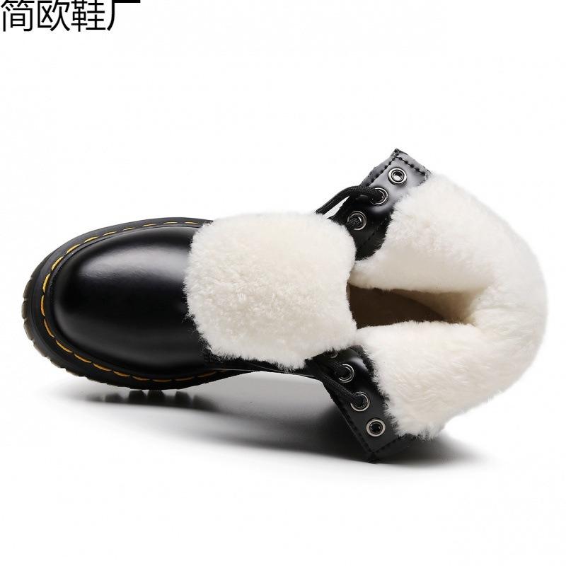 Real wool Martin boots high-top tooling boots women's hard leather open-edged bead short boots leather boots round