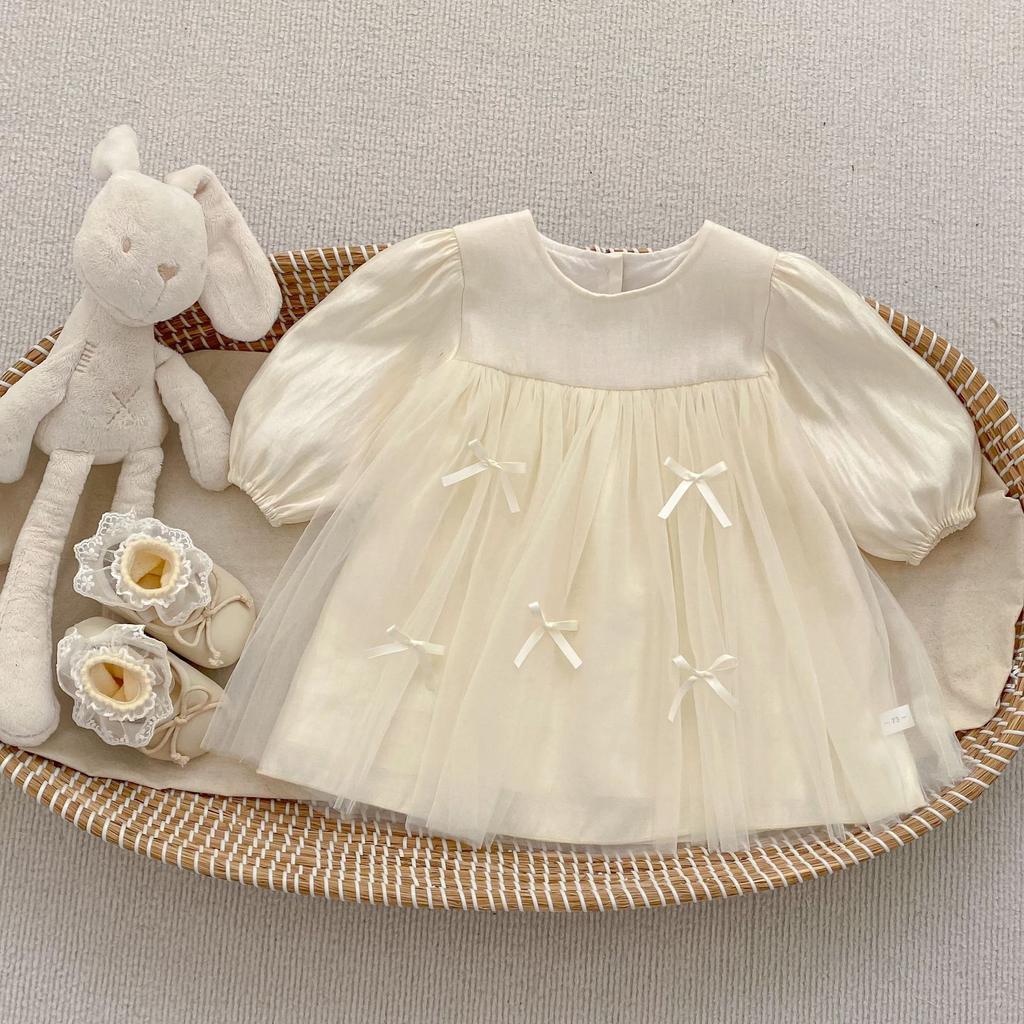 Girls Spring Long Sleeve Dress with Bow Tulle Princess Skirt Sweet Matching Outfit