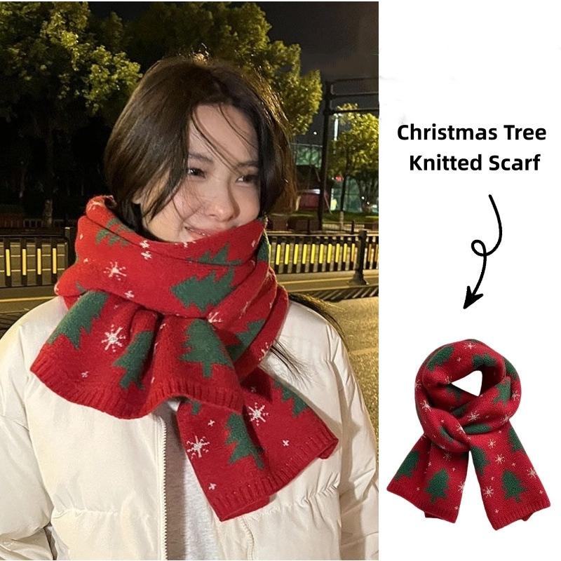 Versatile Christmas Tree Red Knitted Scarf Women'S Match Christmas Gifts Autumn Winter Warm Neck Protection Scarf Green Scarf