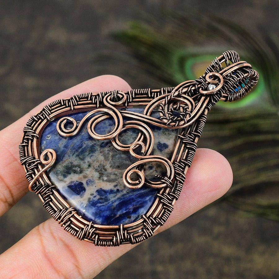 Sodalite Gemstone Copper Wire Wrap Jewelry Pendant 3.03