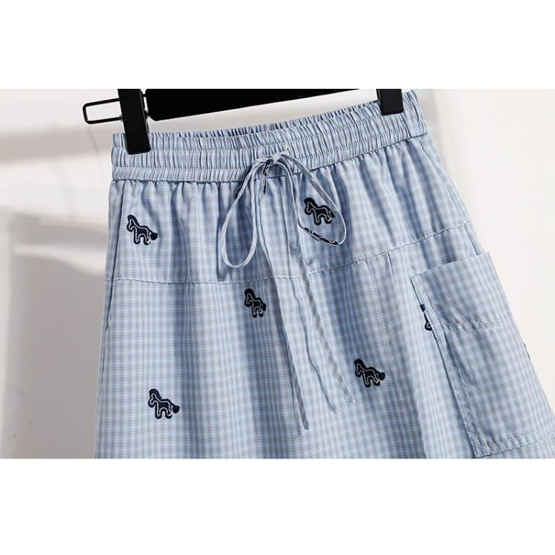 DIMANAF 2026 Spring Summer Plus Size Women Skirt Pants Elastic Waist Oversize Loose Casual Shorts Cotton Print Plaid