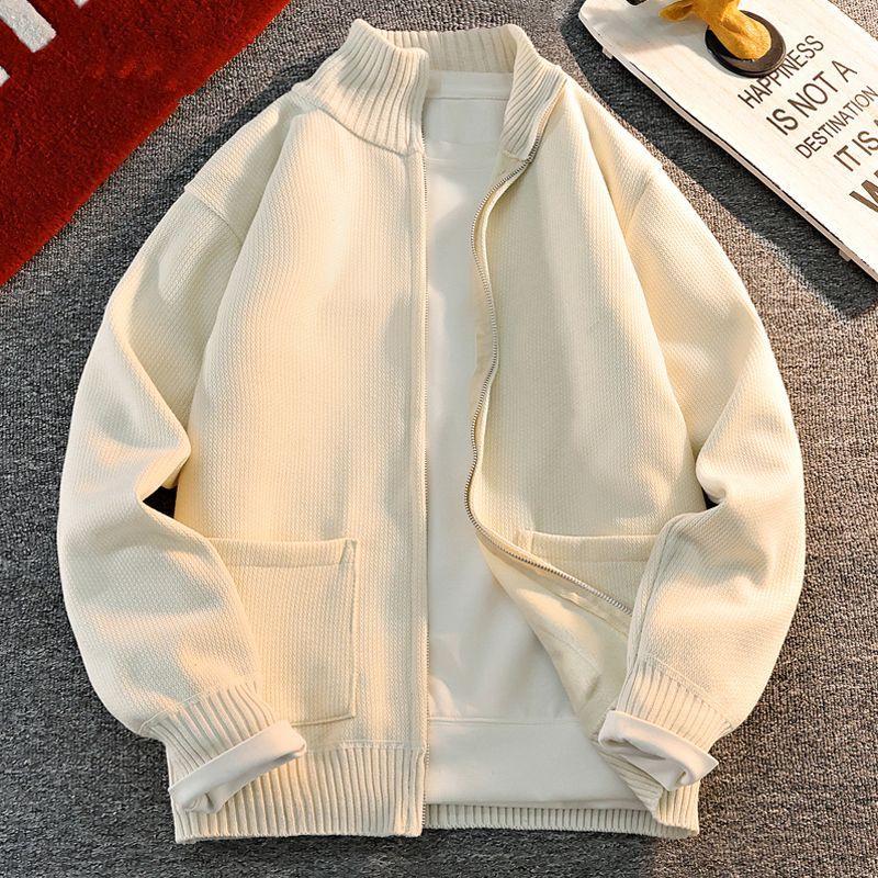 Men's Stand Collar Knitted Cardigan: Autumn/Winter Style, Trendy Youth, Velvet-Lined, Thick Sweater Coat.