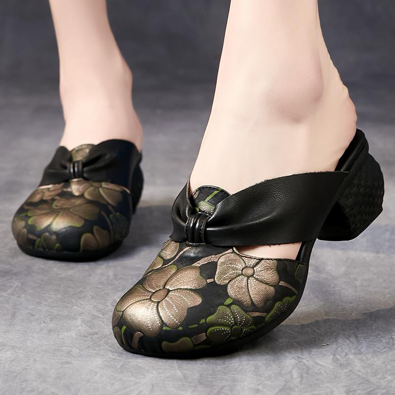 Fashion GKTINOO Genuine Leather 2025 New Summer Slippers Women Shoes Outside Slides Handmade Retro Round Toe Thick Heels Sandals