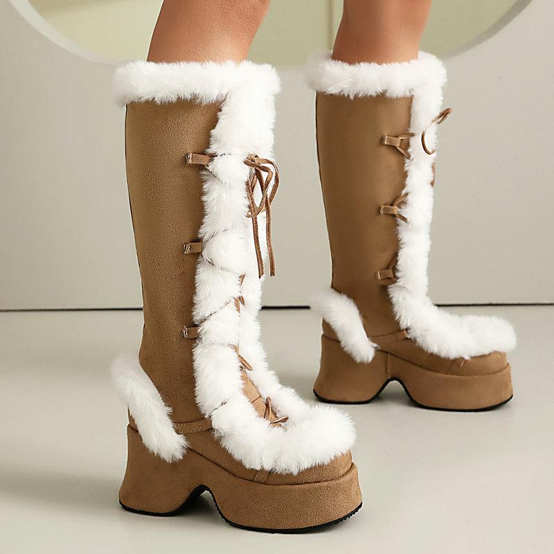 Women's Lavender Platform Knee-High Boots | Fuzzy Accent, Sweet & Edgy Essential Fashion Footwear