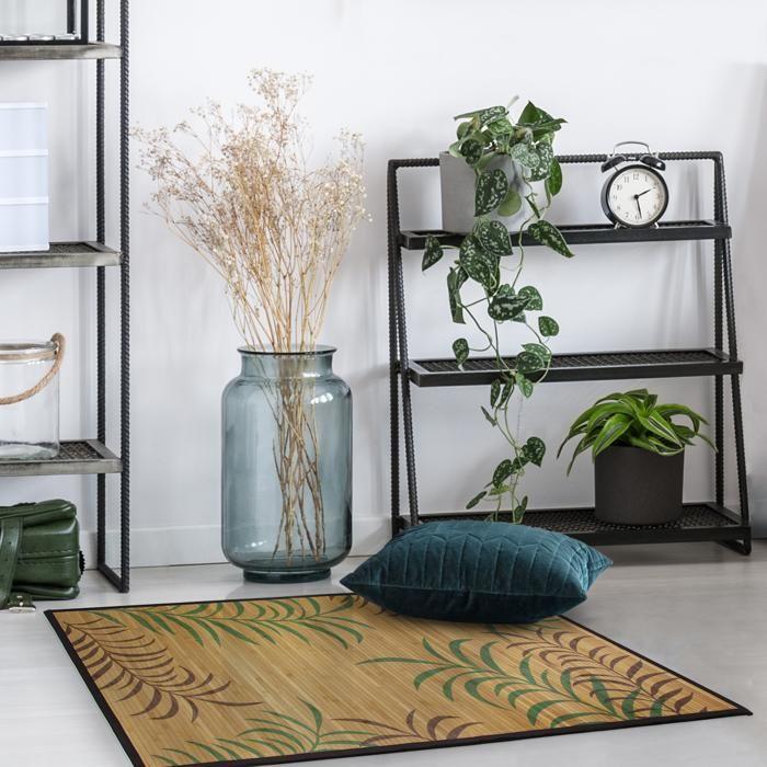 Wohnzimmerteppich aus Bambus mit exotischen Blättern bedruckt beige 70x120