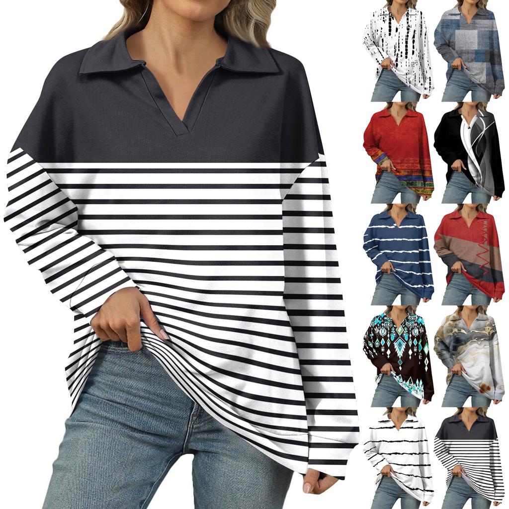 Women's Summer Fashion Casual  Printed V-Neck Long Sleeve Shirt Top