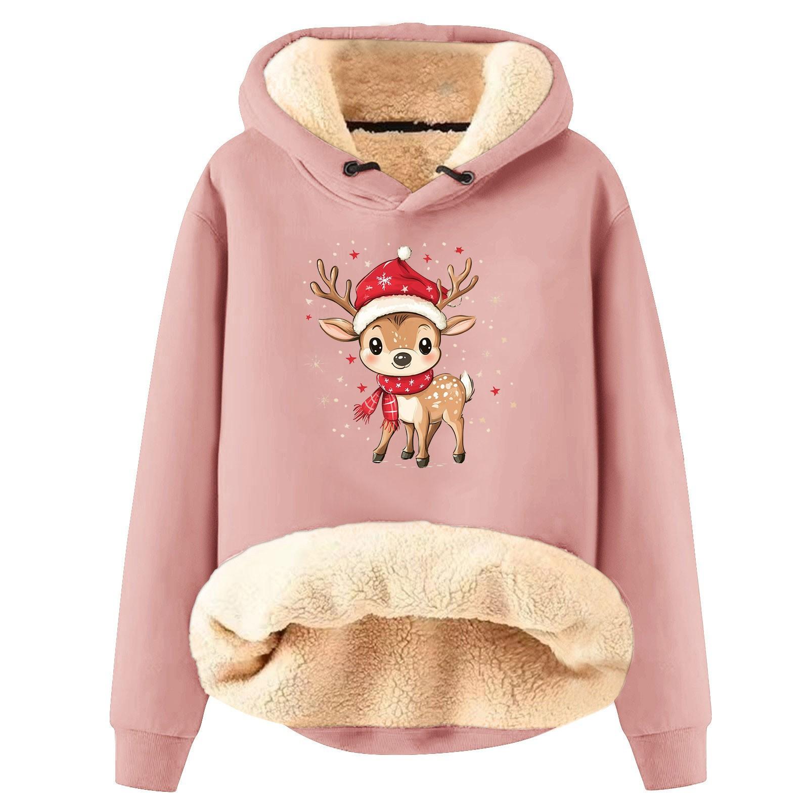 

Женская модная утепленная толстовка с капюшоном и рождественским принтом XXL розовый