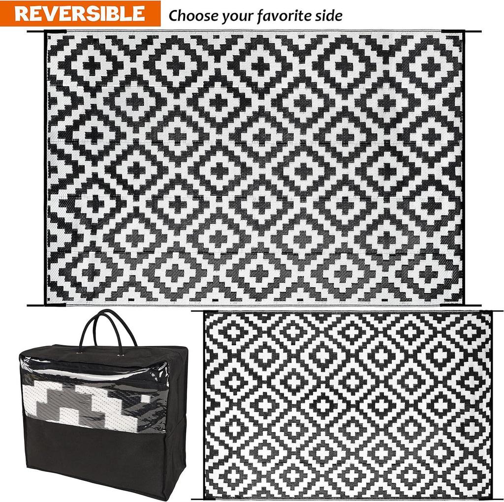 Feuchtigkeitsbeständige Schwarz-Weiß-Kreuz-Außenmatte für Wohnmobile und Camping – Langlebige, tragbare Hofplane