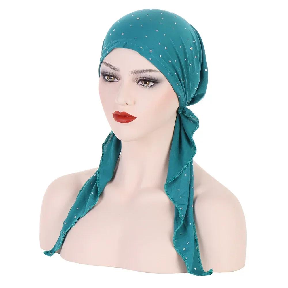 New Shimmer Pre-Tied Hat Women Muslim Hijab Turban Long Tail Headscarf Beanies Bonnet Hair Loss Chemo Cap Head Wrap Bandanas