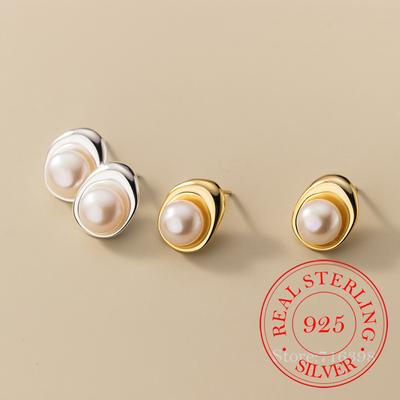 925 Sterling Silver Pearl Geometric Stud Earrings For Women Kids 14K Gold Plate Ear Wedding Party Jewelry Gift Female Pendientes