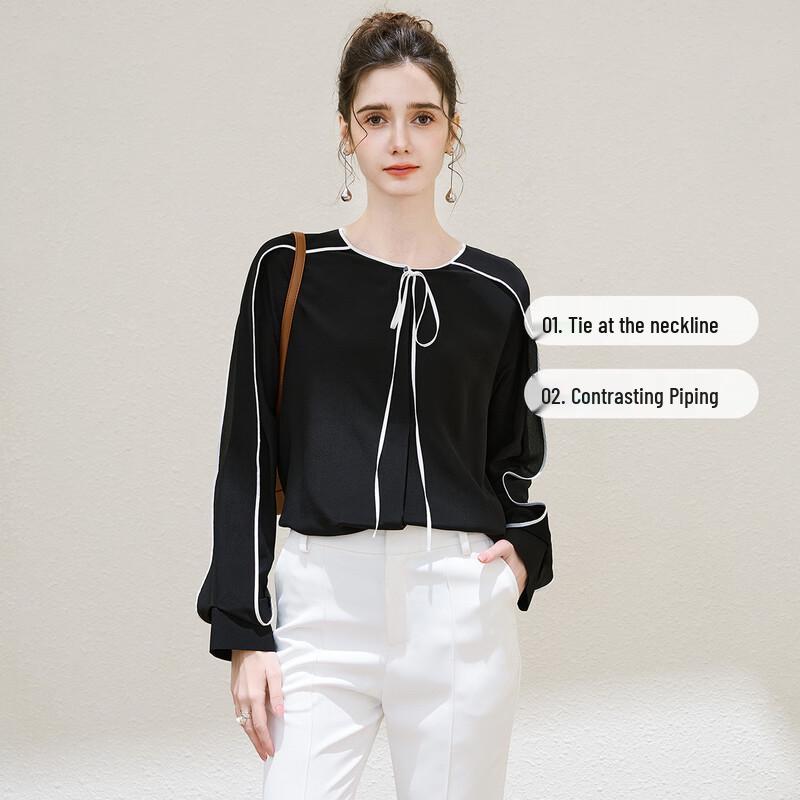 TUHUANG Women's Color Block Mulberry Silk Round Neck Shirt