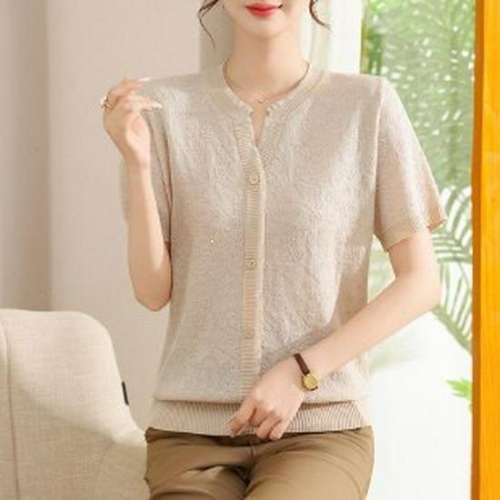 Stylish Ice Silk Short-Sleeved T-Shirt for Middle-Aged and Elderly Women