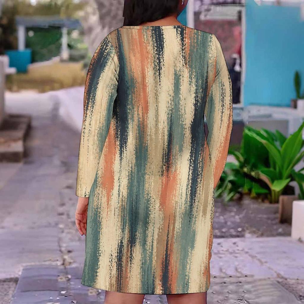 Women Plus Size V Neck Long Sleeve Abstract Printed Fitted Midi Dress