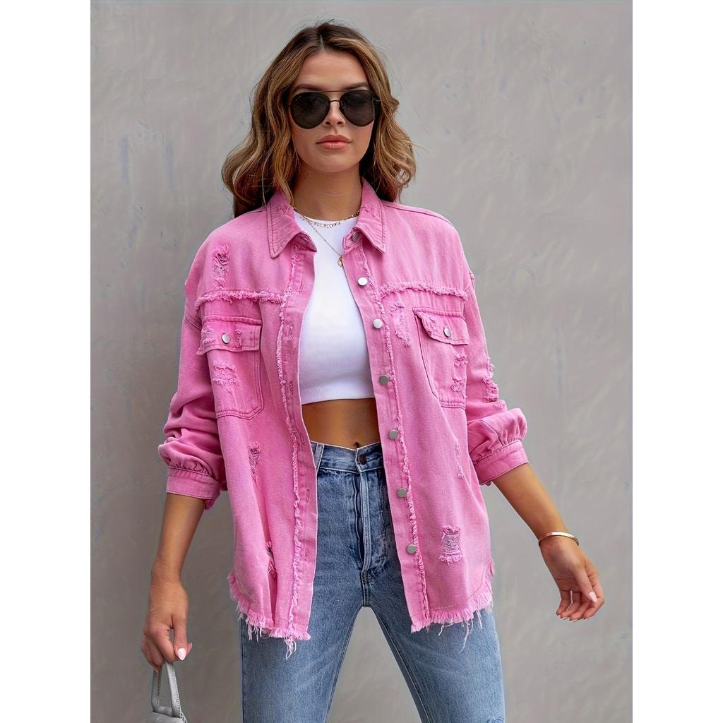 Denim Jacket Women Solid Color Loose,Jacket Hole Breaking Long Sleeve Women's Denim Shirt