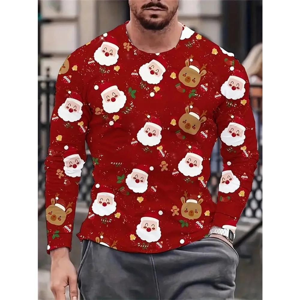 Spring Autumn Christmas Series 3D Printed Comfortable Round Neck T-shirt Loose Casual Sports Versatile Men's Breathable Long Sleeve T-shirt