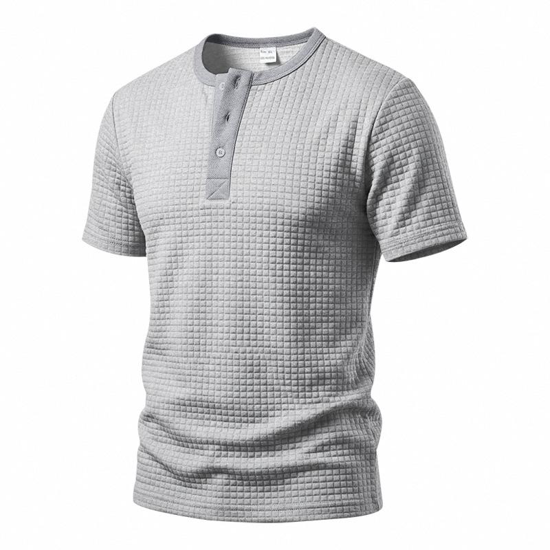 Men's Waffle Knit Henley T Shirts Short Sleeve Casual Solid Color Summer Basic Tee Tops