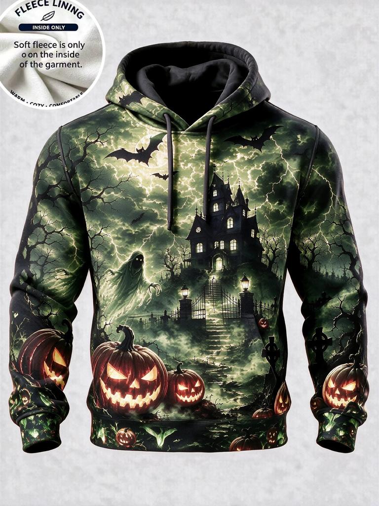 3D Print Halloween Women's Hoodie Haunted House Ghost Pumpkin Bat Lightning Full Print Pullover Long Sleeve Sweatshirt
