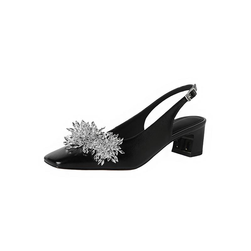 

Модні жіночі нові квадратні високі підбори з натуральної шкіри корови з квіткою та вільною пряжкою на пальцях, сандалі Мюллера, робоче взуття 235 чорний
