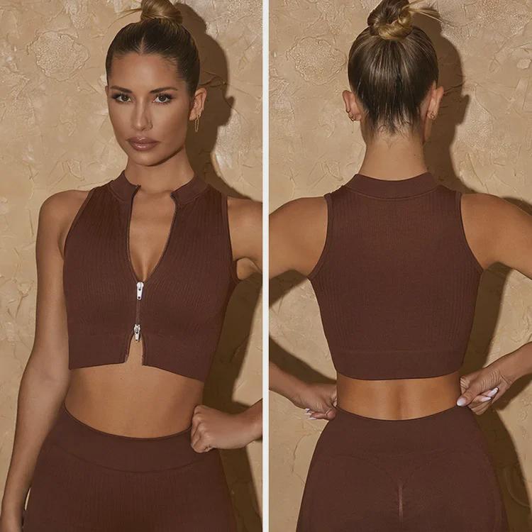 2022 Damen Yoga Set: Stylischer Rücken-BH, Weste mit Reißverschluss und hohem Kragen, Optionen für lange/kurze Ärmel und Sporthose – 6-teiliges Set.