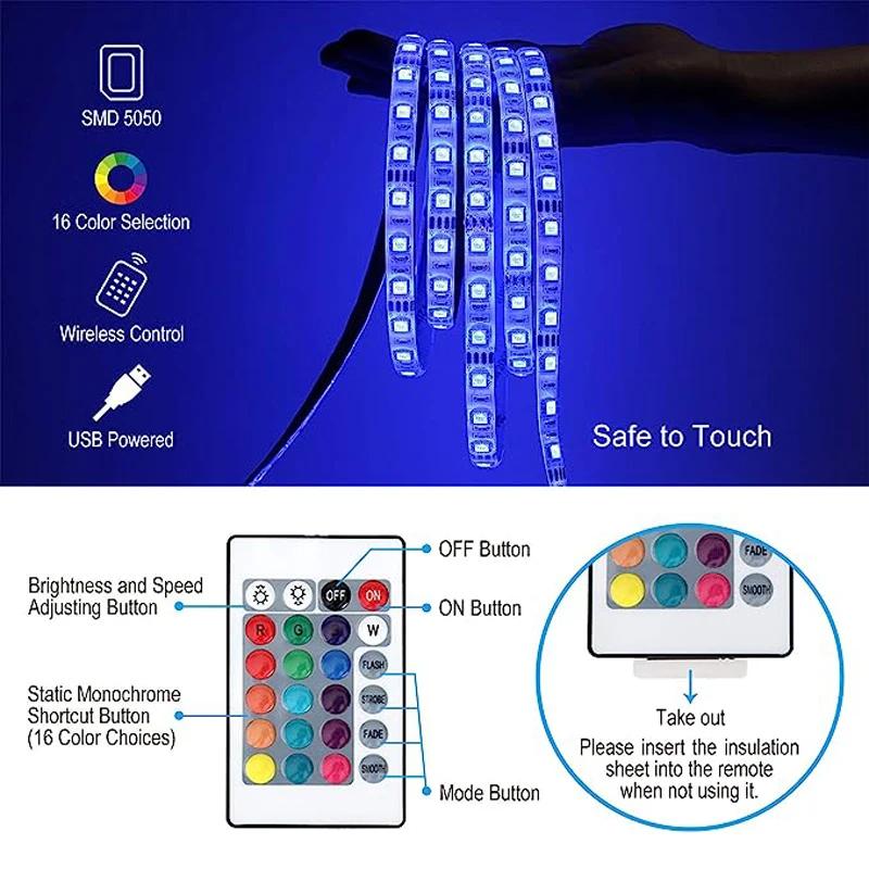 1/3/5M LED Strip Light Color Changing 5050 RGB USB Flexible Lights with 24 Keys FOR Children Gaming Room Home Party TV Backlight