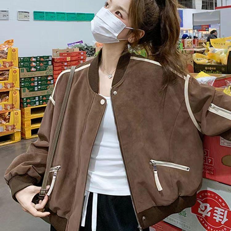 Vintage Brown Baseball Jacket Women Spring Fashion Retro Outerwear Casual Coat