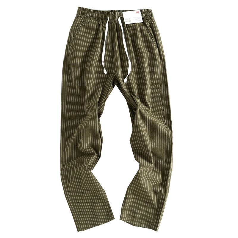 ODM Japanese Style Stripe Long Sleeves Washed Texture Men Loose Thin Section Breathable Casual Pants Elastic Waist Pants Fashionable Goods