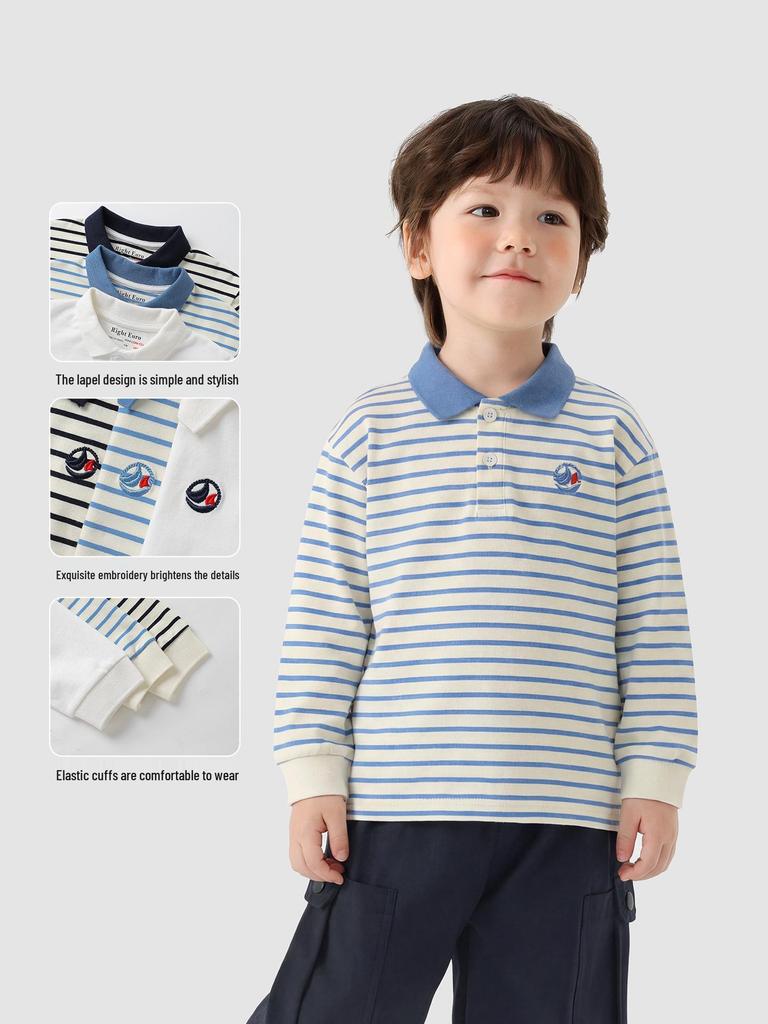 European Boy's Long Sleeve Striped Polo - Spring & Autumn 2026 Trendy Kids Top