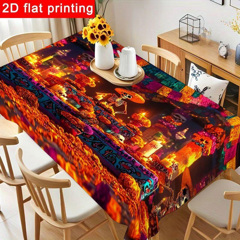 1pc Colorful Day of The Dead Tablecloth - Vibrant Polyester Cover with Festive Skeleton Design, Reusable & Easy To Clean for Day of The Dead Party Dec