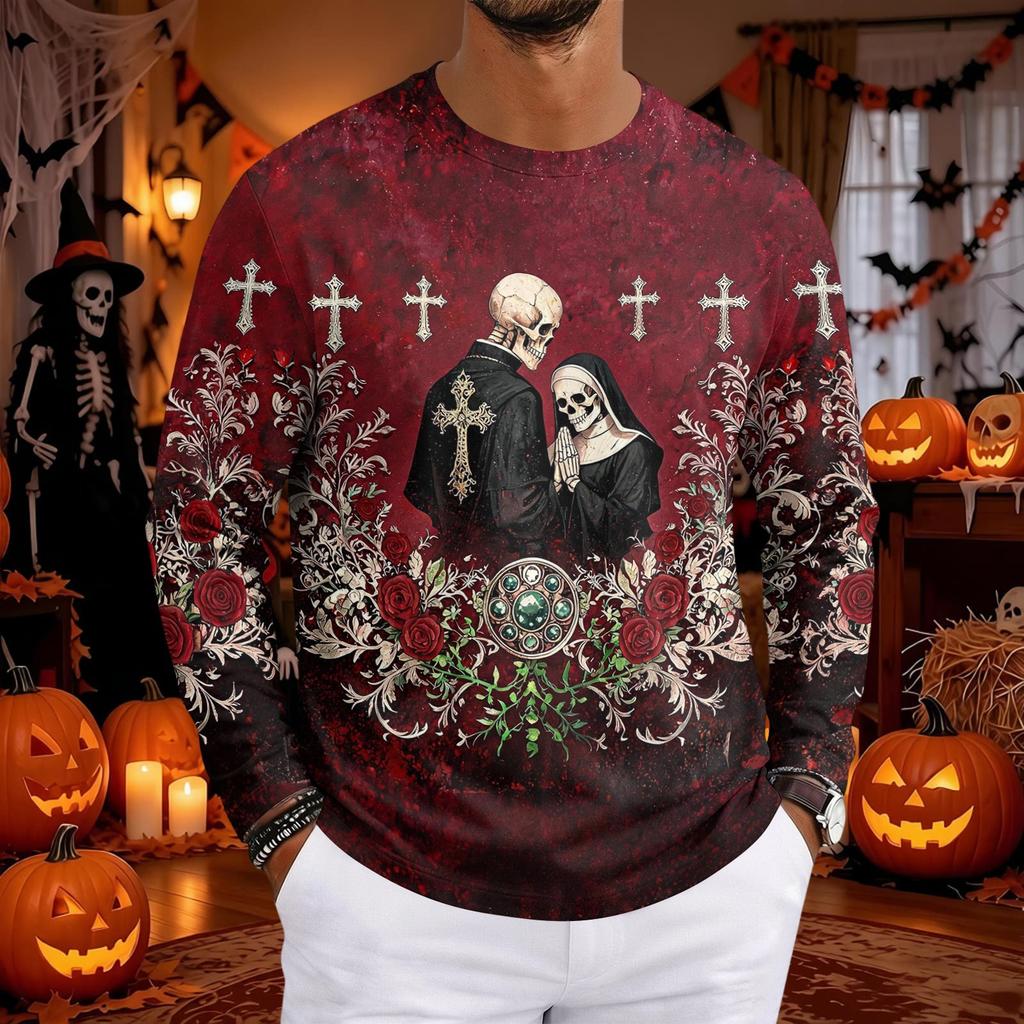 Men's Halloween Print Neck Long Sleeve T-Shirt