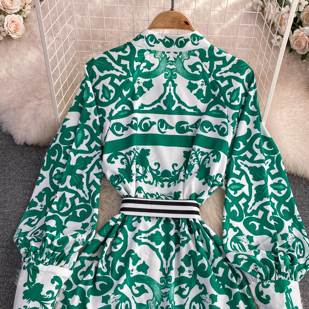 Podzimní móda Bohémský geometrický potisk květin Dlouhé společenské šaty maxi Dámské Popelín Stojánek Límec Lucerna Rukáv Šněrování Šaty na dovolenou