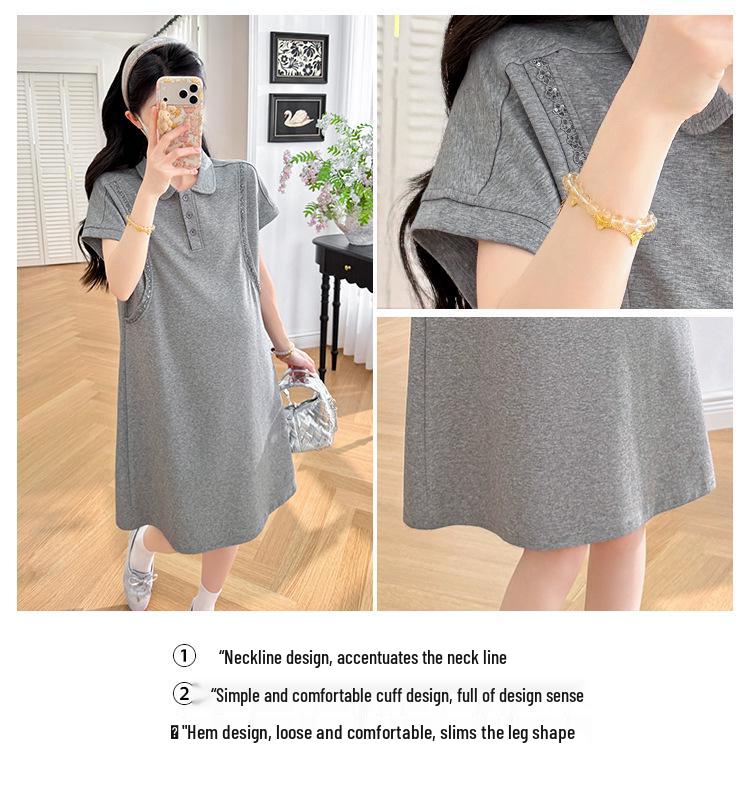 Trendy Korean-Style Summer Maternity Dress - Loose, Casual, Slimming Fit with High-End Lapel Design