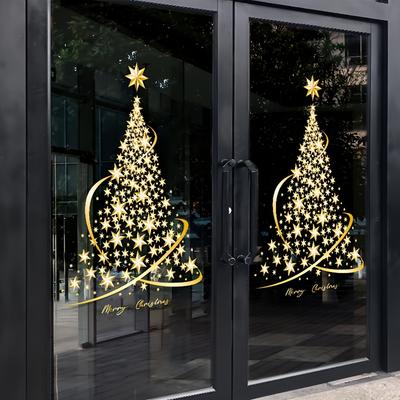 Golden Christmas Tree Window Cling - Reusable Static Decal for Glass, Walls & Doors