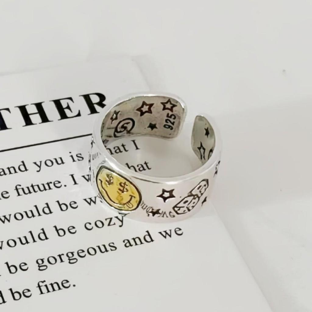 Korean Style Smiling Face Ring with Star Playing Card Design - Open Adjustable