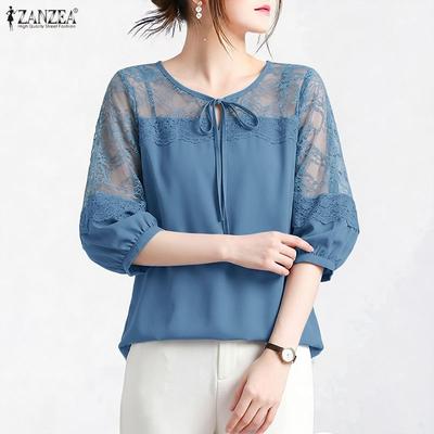 Women Hollow Lace Patchwork Round Neck Casual Half Sleeve Blouse