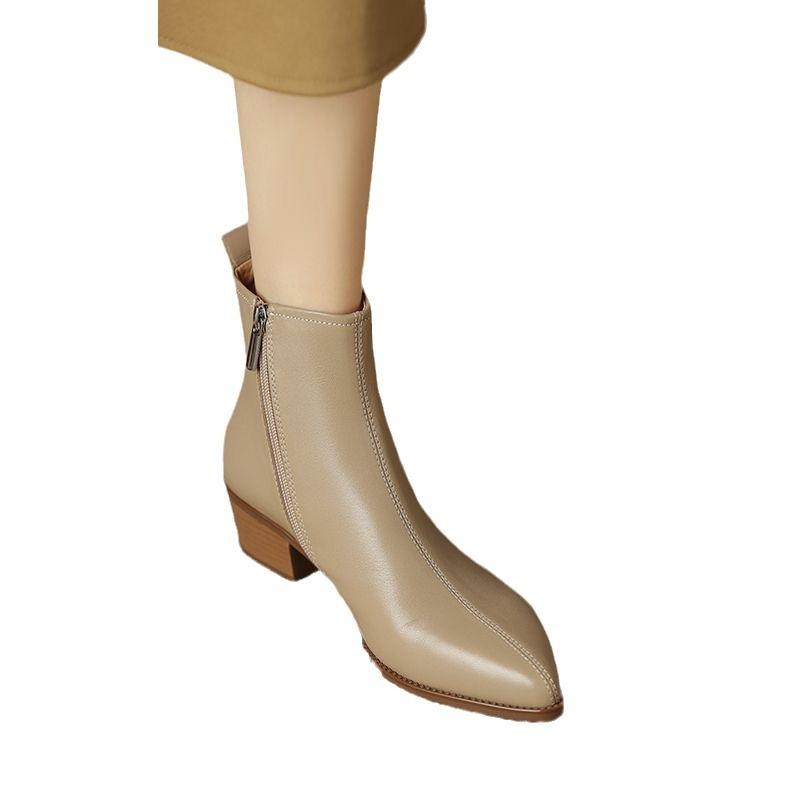 Black Leather Women Ankle Boots Side Zipper Decor Flats Leather Chelsea Boots Vintage Brown Autumn Knight Boots Women